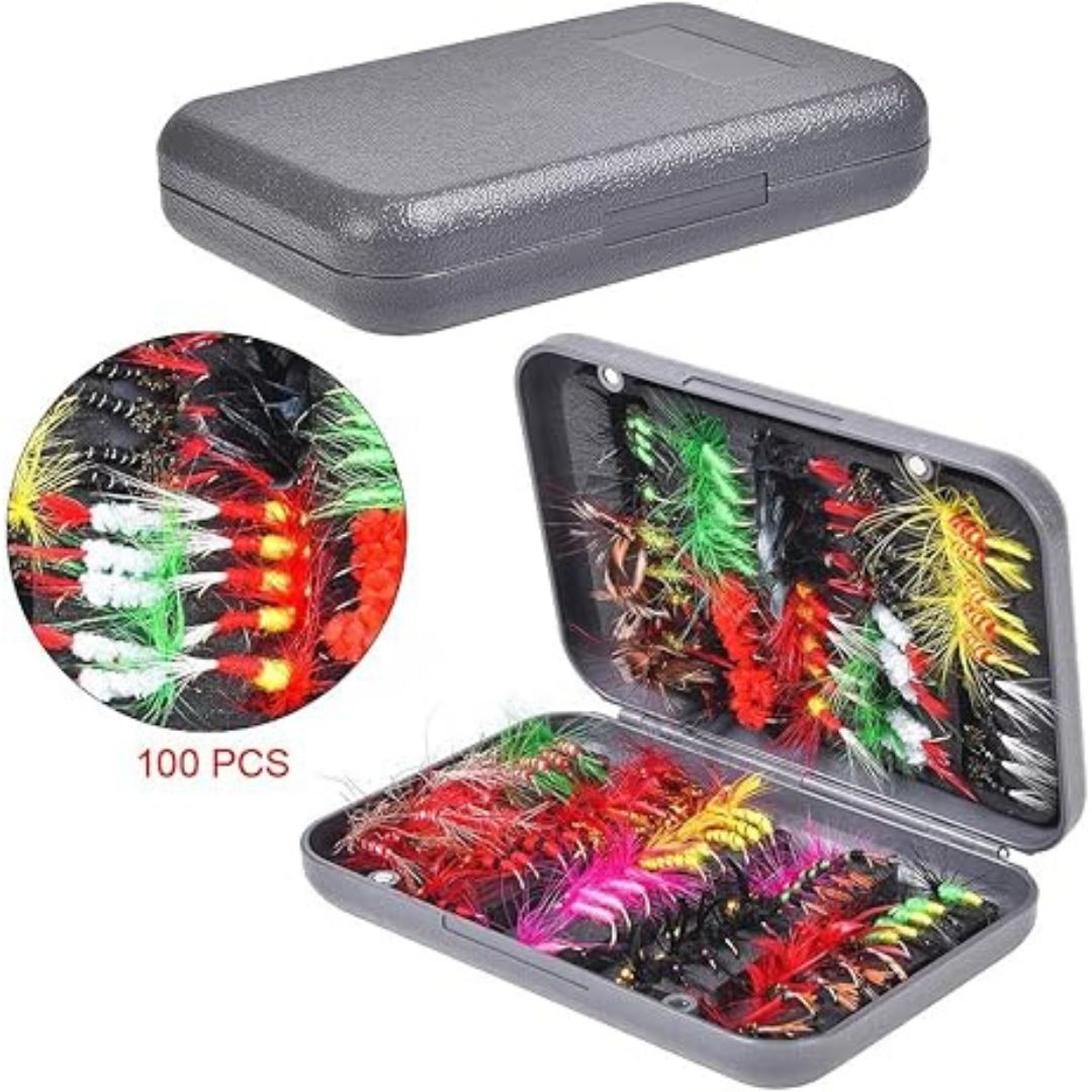 100PCS Fly Fishing Lures Kit with Tackle Box