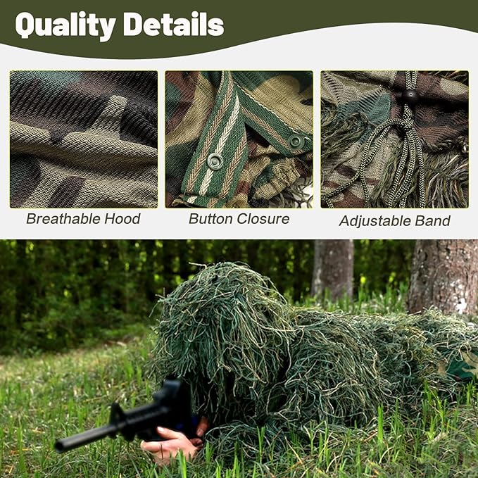 5Pcs  Ghillie Suit for Archery Hunting With Wrap Bag Paintball Camo for Adults