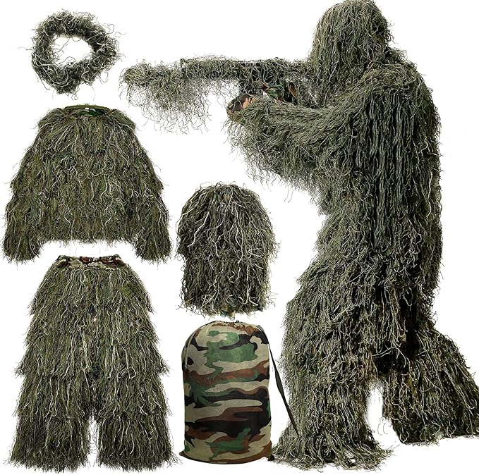 5Pcs  Ghillie Suit for Archery Hunting With Wrap Bag Paintball Camo for Adults