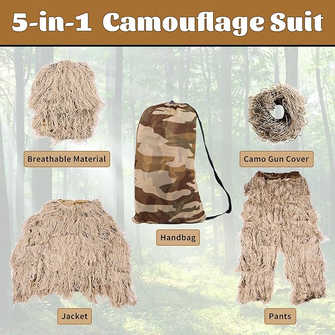 5Pcs  Ghillie Suit for Archery Hunting With Wrap Bag Paintball Camo for Adults