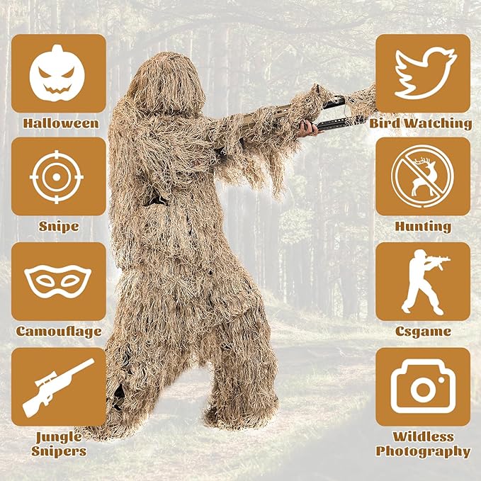 5Pcs  Ghillie Suit for Archery Hunting With Wrap Bag Paintball Camo for Adults