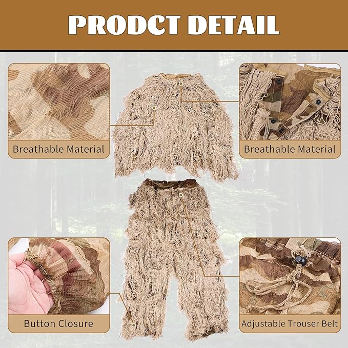 5Pcs  Ghillie Suit for Archery Hunting With Wrap Bag Paintball Camo for Adults