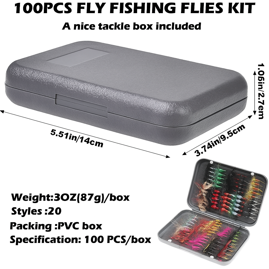 100PCS Fly Fishing Lures Kit with Tackle Box