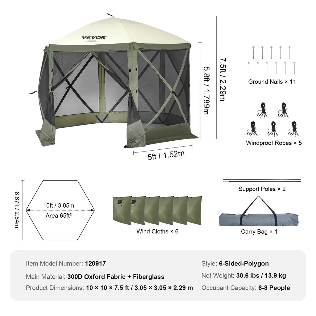 10x10FT Pop-Up Gazebo Camping Tent with Mosquito Netting & Privacy Wind Cloths