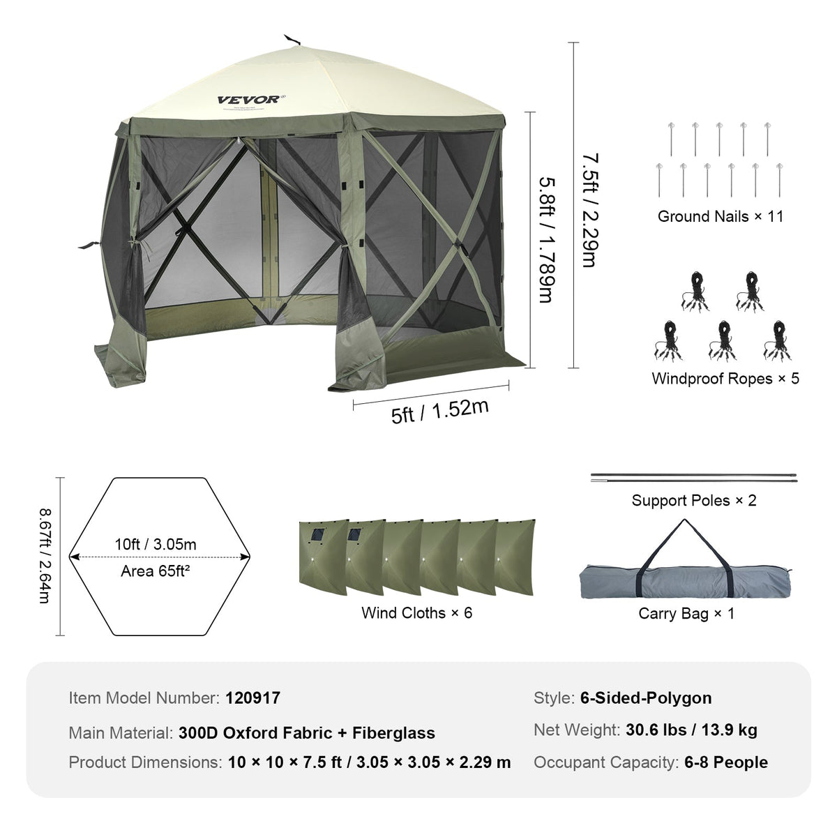 10x10FT Pop-Up Gazebo Camping Tent with Mosquito Netting & Privacy Wind Cloths