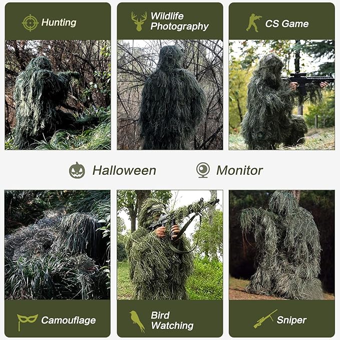 5Pcs  Ghillie Suit for Archery Hunting With Wrap Bag Paintball Camo for Adults