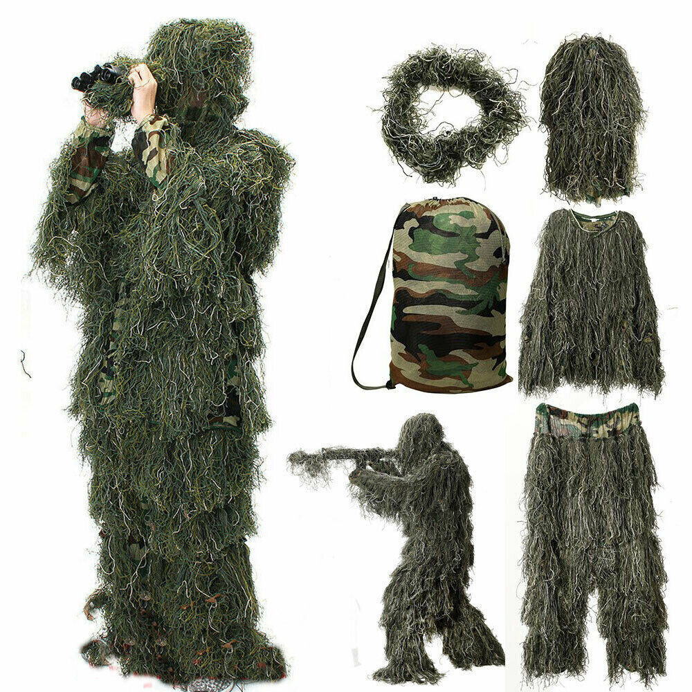 5Pcs  Ghillie Suit for Archery Hunting With Wrap Bag Paintball Camo for Adults