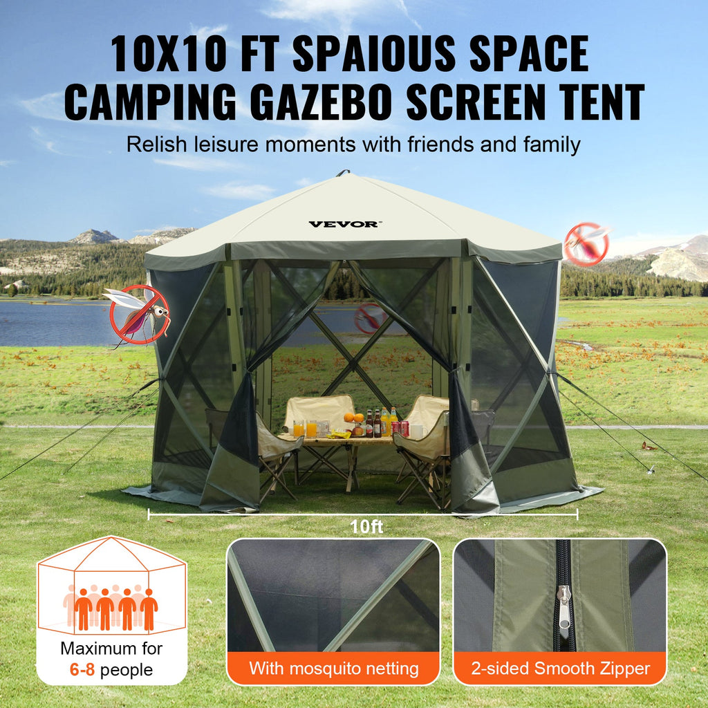 10x10FT Pop-Up Gazebo Camping Tent with Mosquito Netting & Privacy Wind Cloths