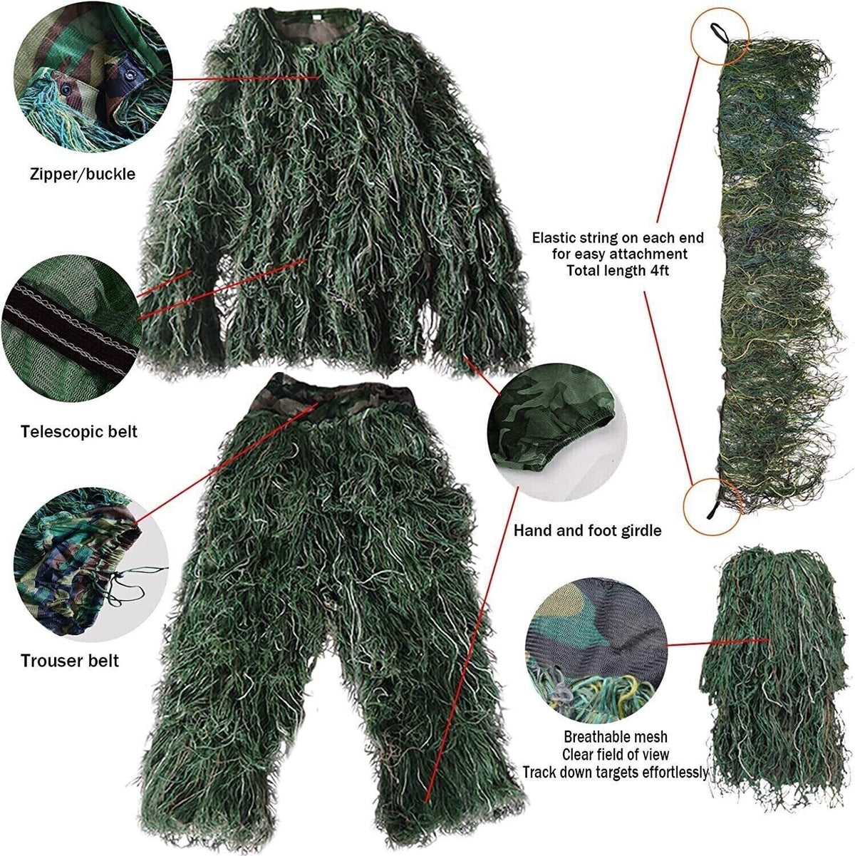 5Pcs  Ghillie Suit for Archery Hunting With Wrap Bag Paintball Camo for Adults
